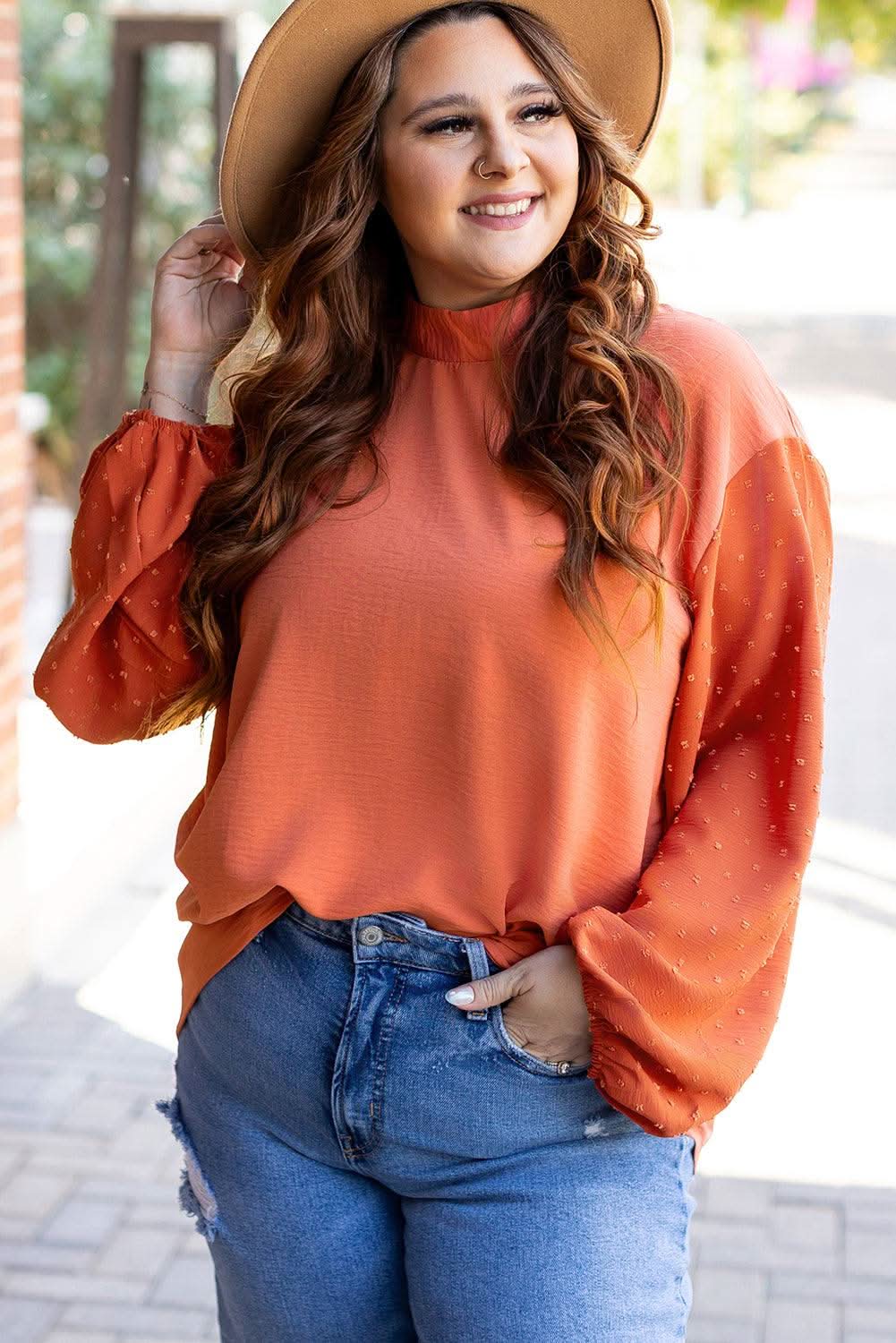 Russet Orange Swiss Dot Balloon Sleeve Loose Blouse - Love Salve